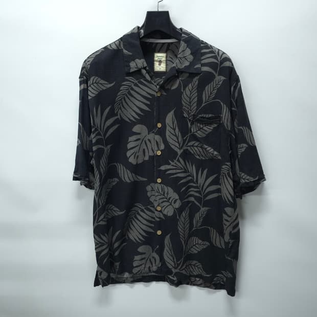 빈티지 자메이카 잭스 모노톤 보태니컬 실크 100% 알로하 셔츠