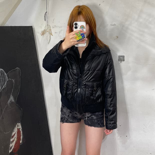 일본빈티지 y2k 유광 레이어드 크롭 패딩 L