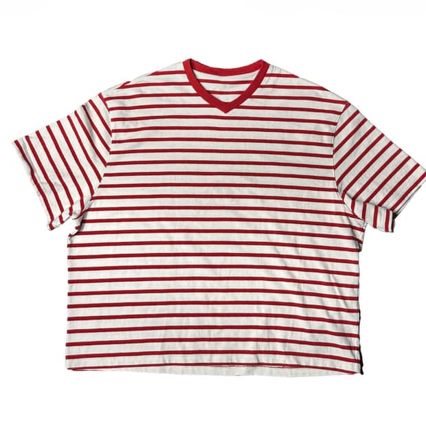 논노드 크롭 v넥 티셔츠 레드 스트라이프