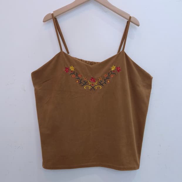 빅사이즈 브라운 플라워 자수 레이어드 벨벳 뷔스티에 끈나시