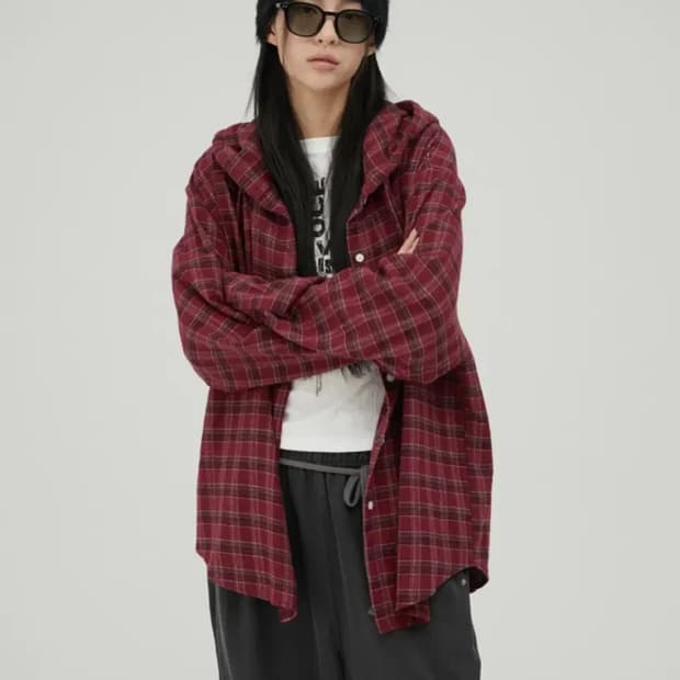 어커버 빈티지 너드 오버 후드 체크셔츠 레드