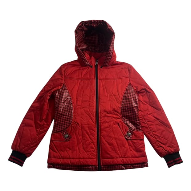 Vintage 레드 체크 패널 패딩 후드 자켓 77
