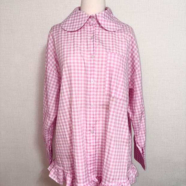 하라주쿠 레이스 핑크 깅엄체크 셔츠