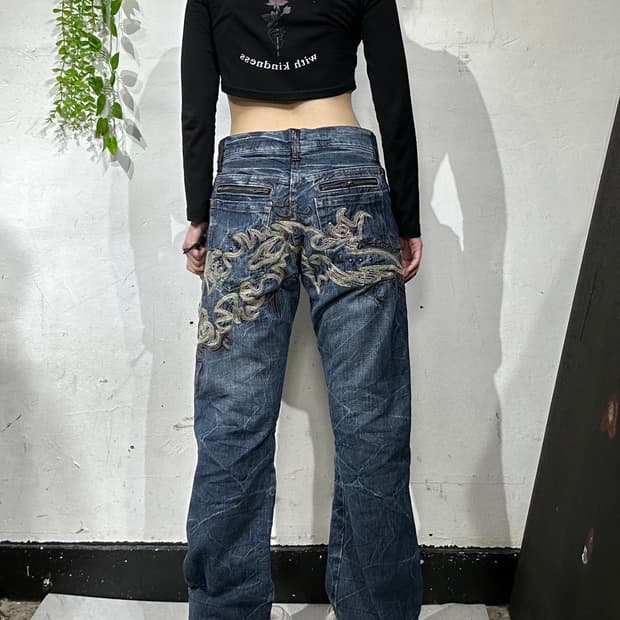 일본 빈티지 중청 자수 디테일 와이드 데님 팬츠 힙합 새깅 청바지 