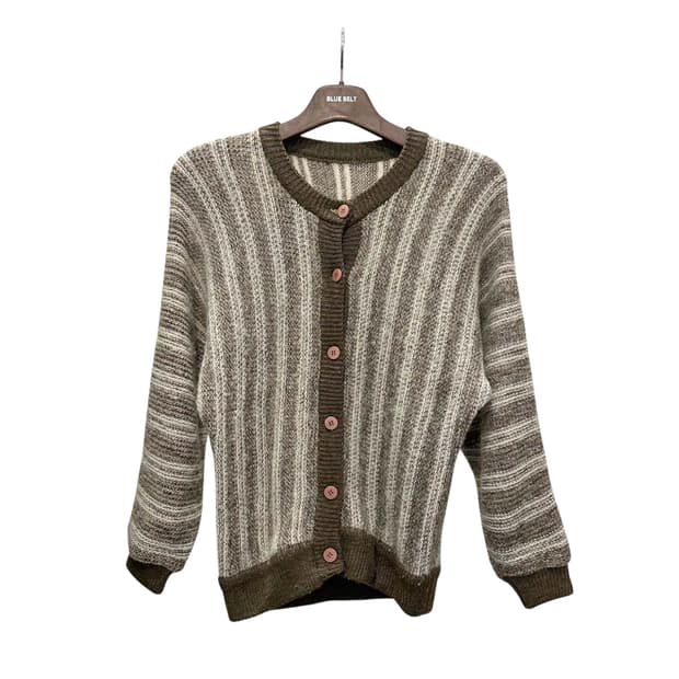 JPN VINTAGE 니트 가디건 라운드넥 세로 스트라이프 디테일 브라운