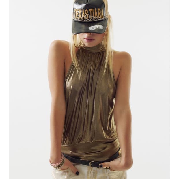 택o 스컬프터 Metallic High-Neck Halter top