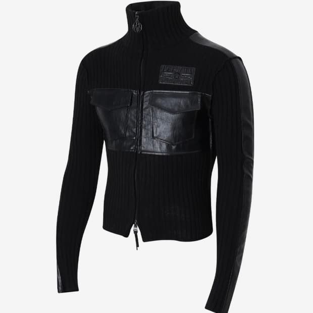 Lecyto - Fabric Mix Neck Zip Up_[Black]