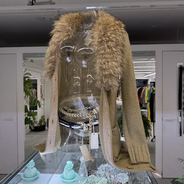 fur trim glitter knit long cardigan