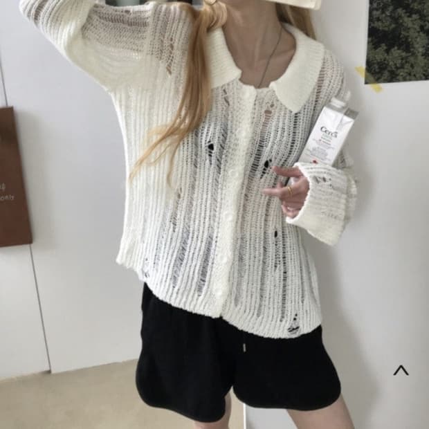 차콜) 데미지 니트 가디건