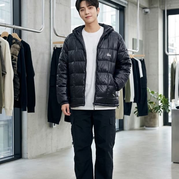 STUSSY 스투시 미드웨이트 푸퍼 다운 자켓 블랙