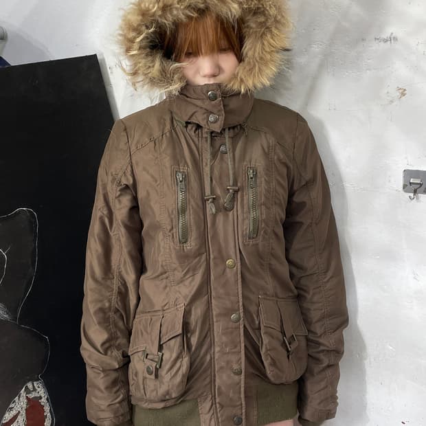 일본빈티지 퍼 후드 자켓 울프죠 브라운 야상 개파카 M