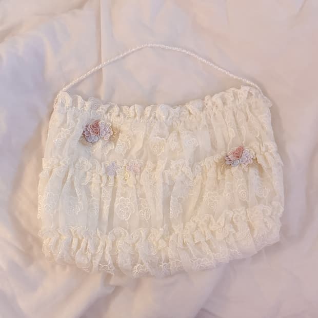 일본 빈티지 레이스 러블리 프릴 로즈 파우치 앤틱 핀터깔