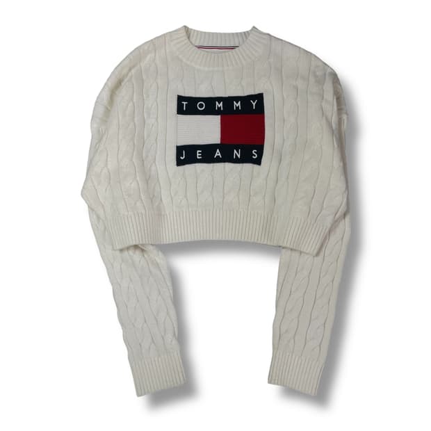 타미힐피거 화이트 빅로고 크롭 니트 S