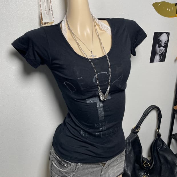 갸루 펑크 y2k 블랙 반팔티 탑