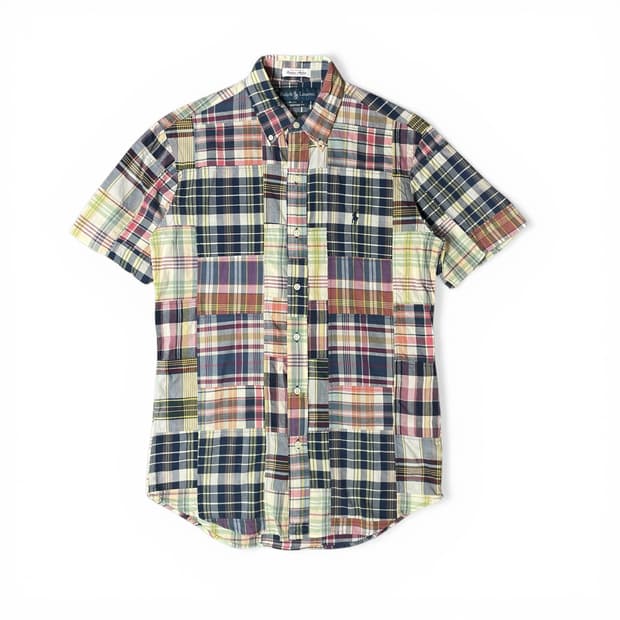 폴로랄프로렌 블루 레드 그린 체크 배색 로고 커스텀핏 반팔 셔츠 S