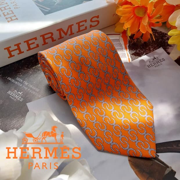 에르메스 오렌지 말발굽 자카드 넥타이 9.3cm A+등급 K2537