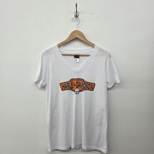 할리데이비슨 화이트 브이넥 반팔 티셔츠 여L