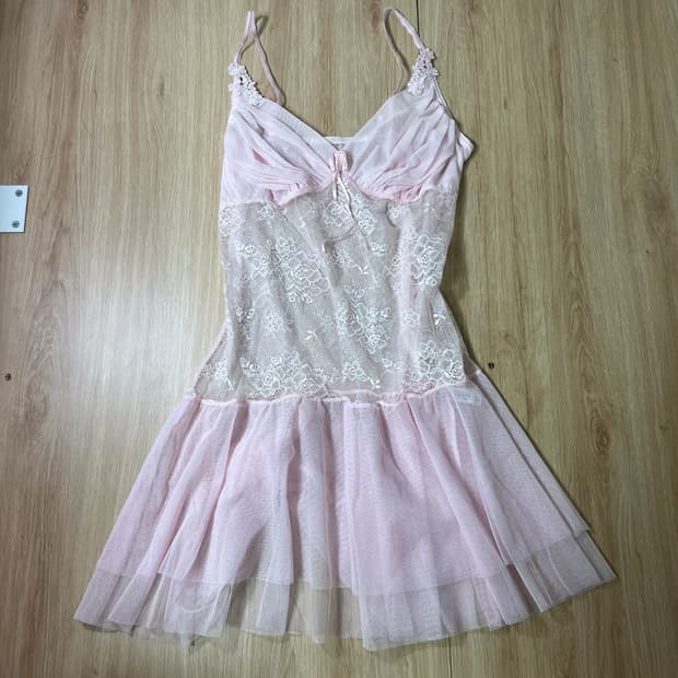 빈티지 | 레이스 핑크 시스루 레이스 슬립 원피스