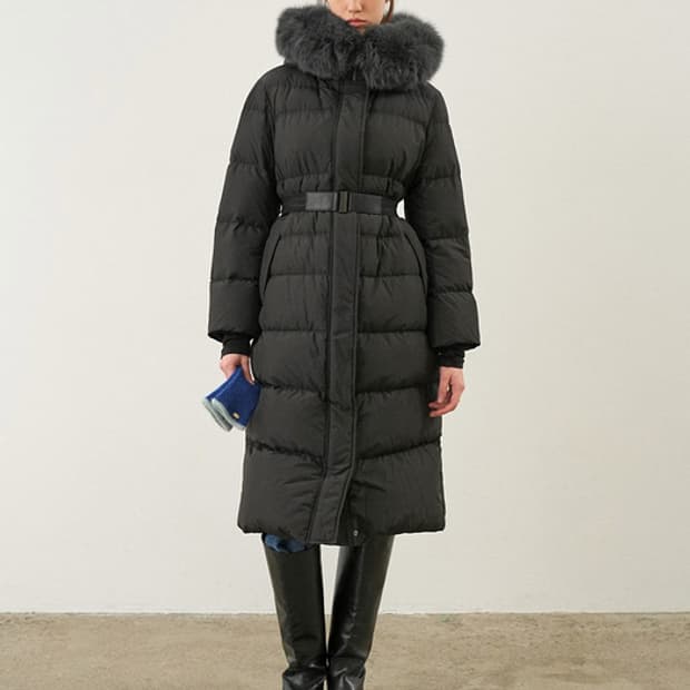 온앤온 Hood Fur Belted Long Goose Coat 블랙