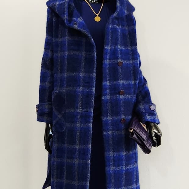 블루체크 모헤어 후드코트