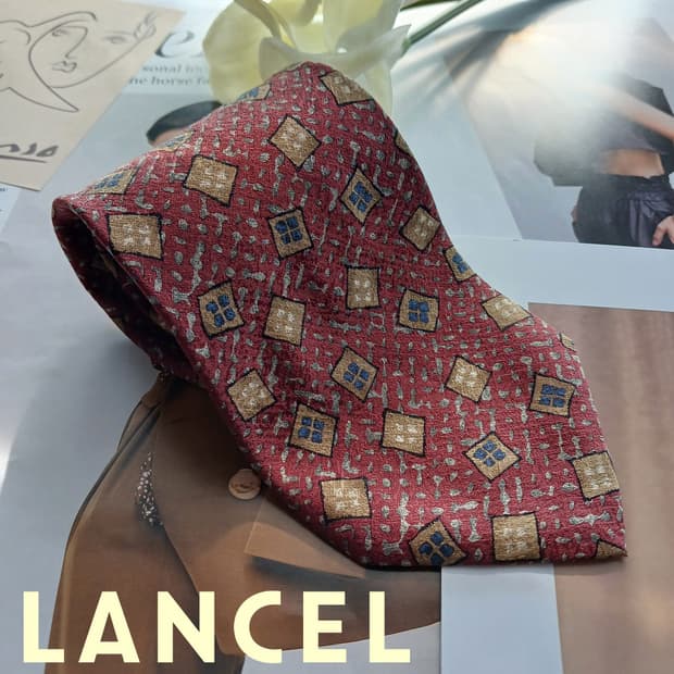 란셀 실크 레드 기하 패턴 넥타이 9.5cm B등급 A18742
