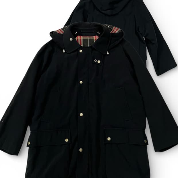 버버리 후드 탈부착 블랙 체크 안감 코트 S