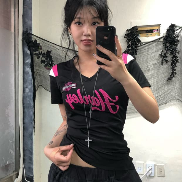 할리데이비슨 블랙 핑크 레터링 반팔 탑