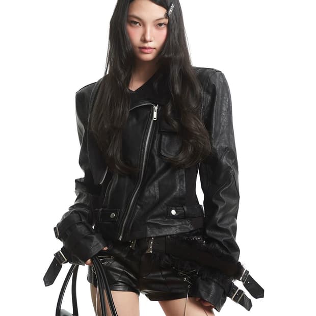 슬림핏 언발 지퍼 레더 자켓 