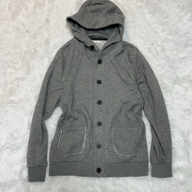 out stitch grey hood button jacket