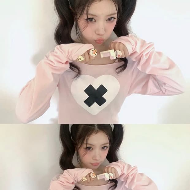 샵페어리 핑크 크로스 하트 컷 오프숄더 아일릿 모카 여돌 손민수