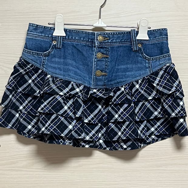데님 체크 미니 스커트