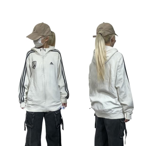 아디다스 블랙 삼선 화이트 후드집업 트랙탑 져지 L