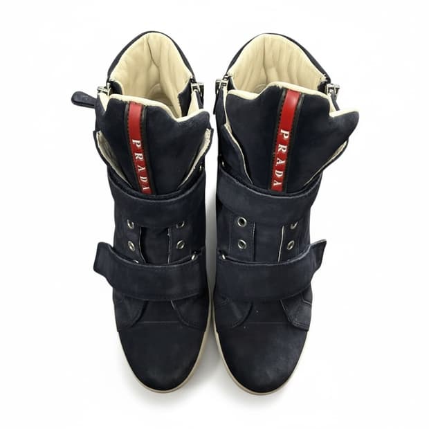 프라다 정품 네이비 블루 스웨이드 하이탑 스니커 36