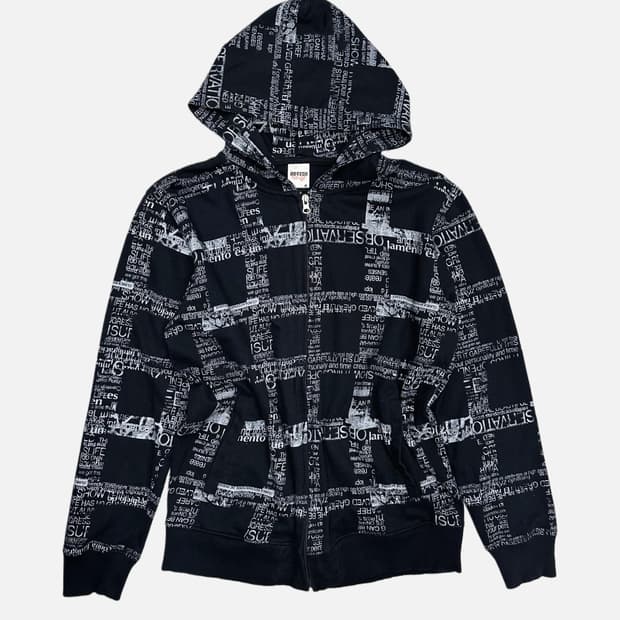 grid lettering pattern hood zip-up