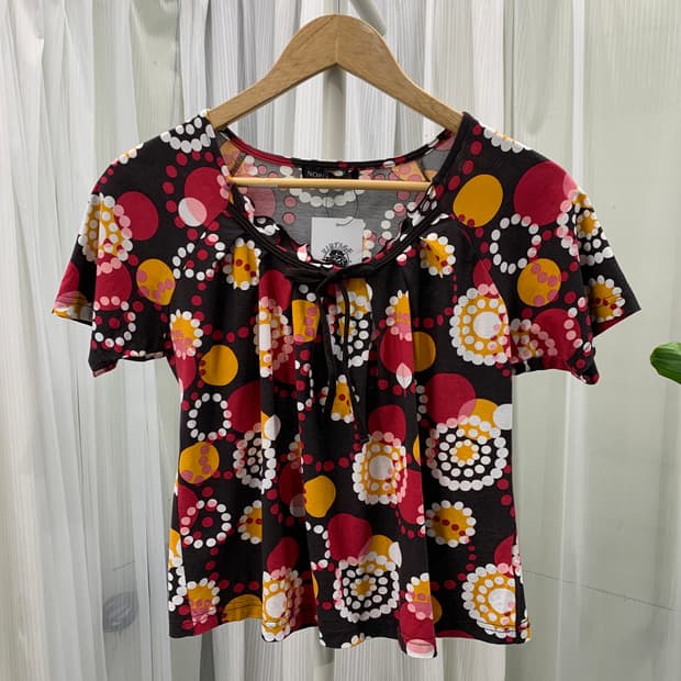 일본 빈티지 NOBLE STONE 리본 넥라인 주름 반팔티 1901