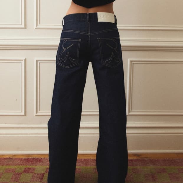 글로니 901 로우라이즈 와이드 데님 진 딥블루 레그 자수 청바지 네이비