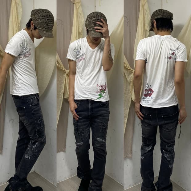[291295=homme]Loose Fit White Print tee