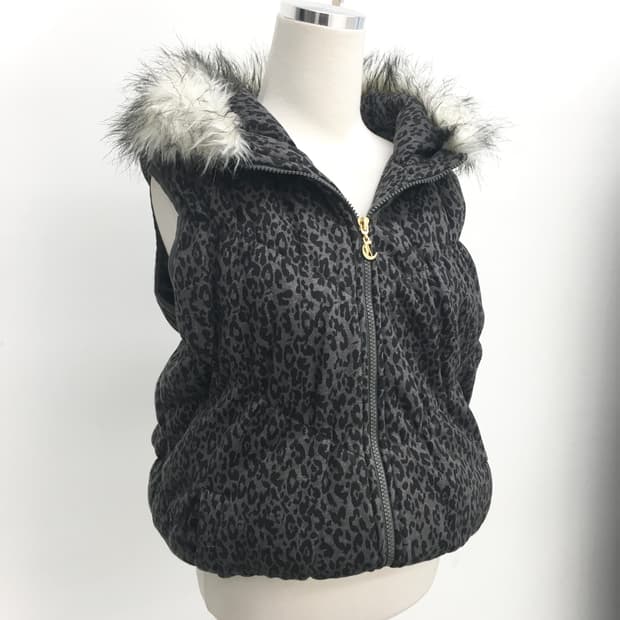 grey leopard fur hood padding vest