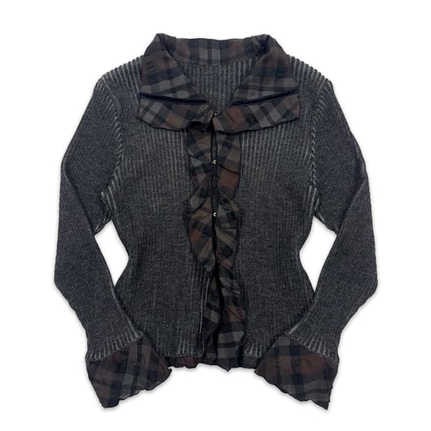 빈티지 EX NOVO 그레이 체크 프릴 가디건