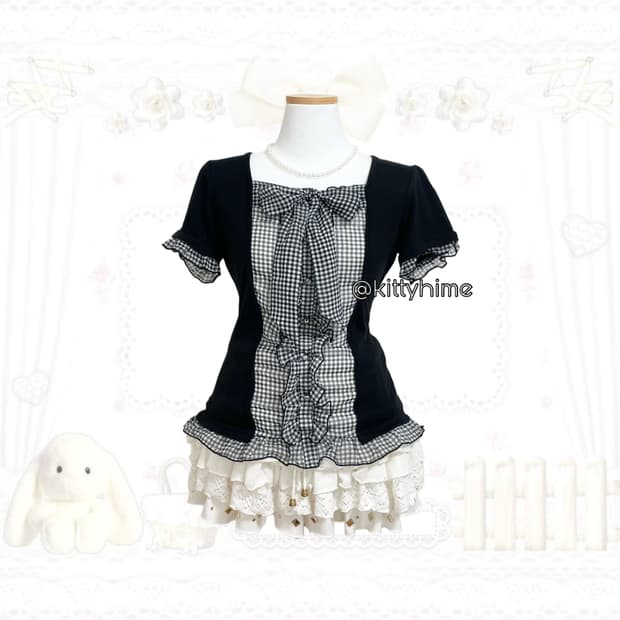 공겜여주깔 일본빈티지 체크리본 로걀탑 딱붙탑 러블리 갸루 고스로리