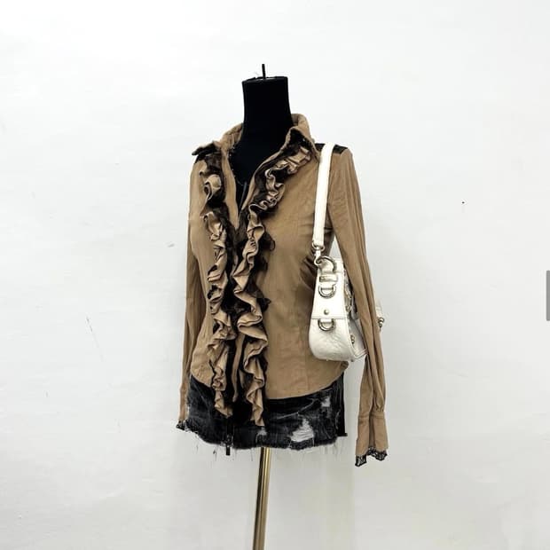 beige lace frill suede blouse