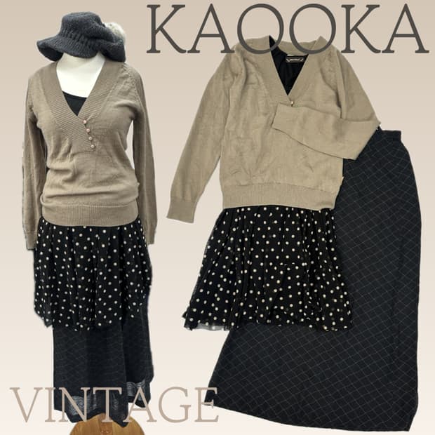 🤎도트 괴짜 모리걸 코디세트🤎 브이넥 니트 도트원피스 레이어드 스커트