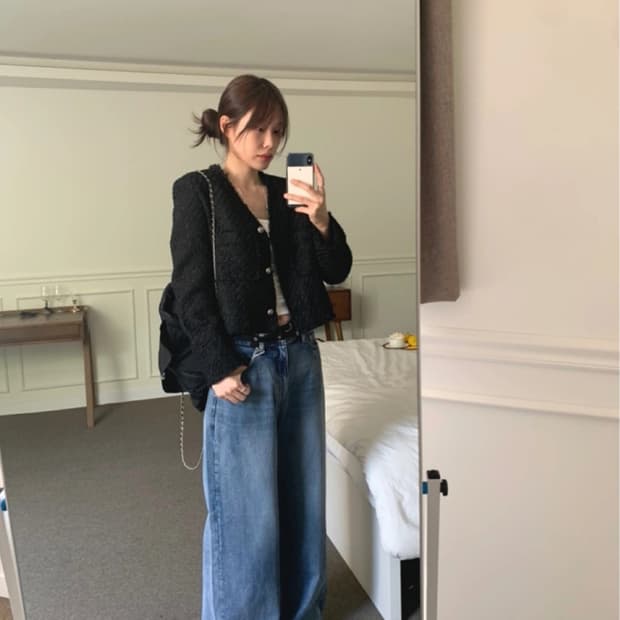 디플리 네즈 트위드 노카라 트위드 자켓