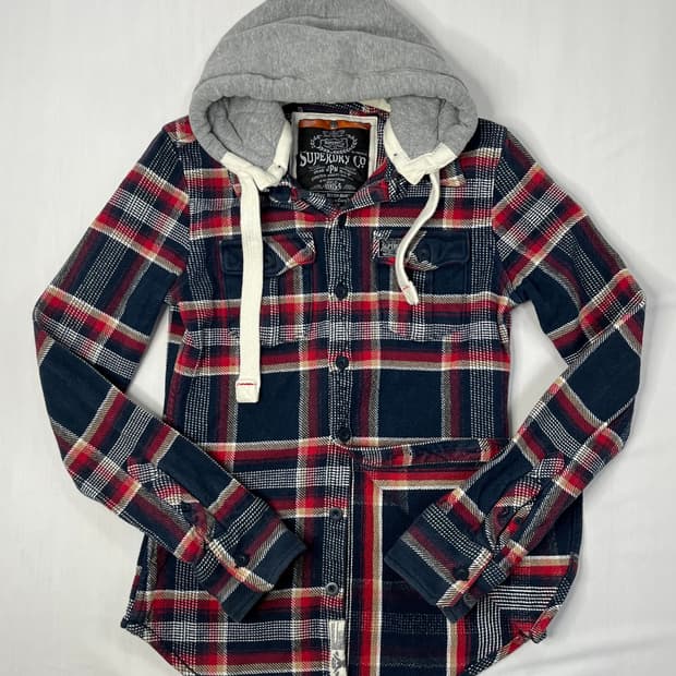 슈퍼드라이 남성 후드 체크 셔츠
