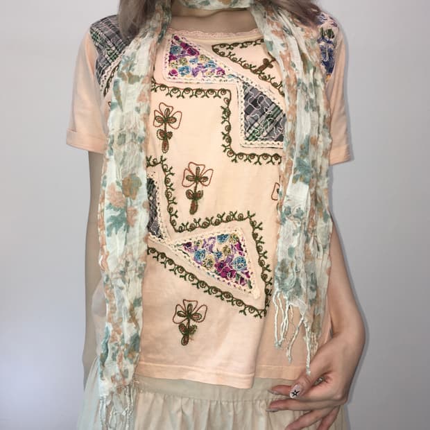 Jpn peachpink patchwork t shirt