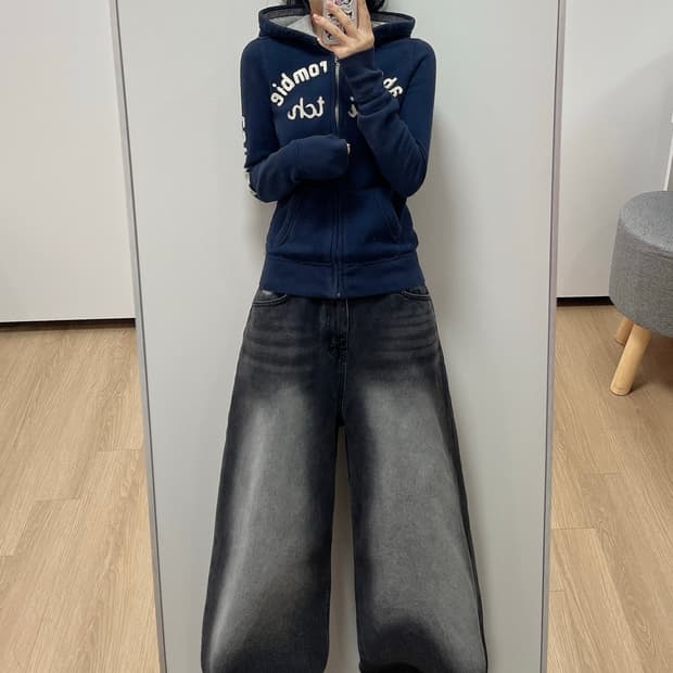 아베크롬비 딱붙핏 자수로고 네이비 후드집업