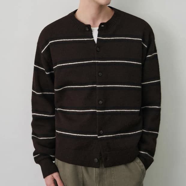 드로우핏 울 헤어리 브로드 스트라이프 가디건 브라운 M