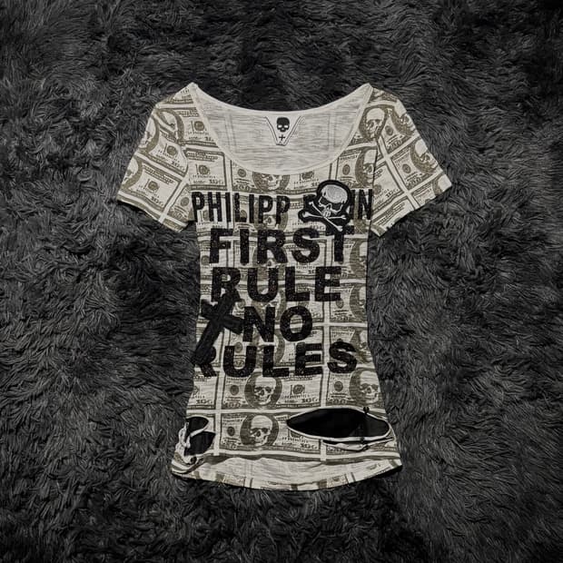 PHILIPP PLEIN 스컬 달러 프린팅 백슬래시 레이스 반팔 티셔츠