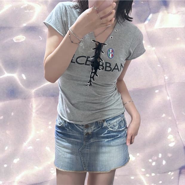 03 SS 돌체앤가바나 y2k 이탈리아 아일렛 레이스업 반팔 티셔츠 40