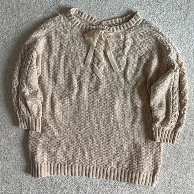 일본빈티지 리본포인트 아이보리 반소매 니트